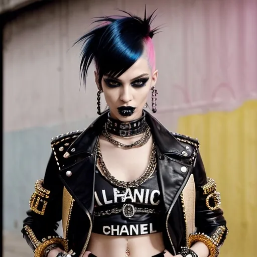 Prompt: (chanel punk), edgy fashion, high contrast, stylish model, vibrant colors like black, pink, and gold, urban backdrop with graffiti, bold accessories, expressive poses, dynamic atmosphere, glamorous yet rebellious vibe, luxurious textures, intricate details in clothing, high-fashion elements meet punk aesthetics, ultra-detailed, cinematic quality, fashion-forward, daring look, striking makeup.