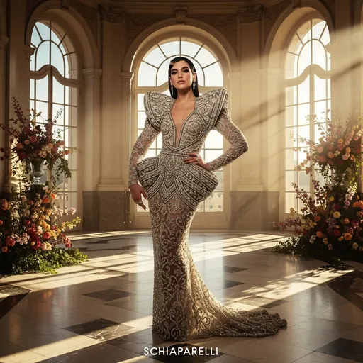 Prompt: Dua Lipa wearing Schiaparelli haute couture 