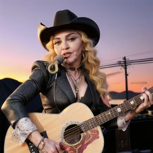 Prompt: (Madonna as a country singer), (bold expression), wearing a stylish western outfit with a cowboy hat, holding a guitar, long flowing hair, vibrant colors, (outdoor concert backdrop), warm sunset lighting, (high energy atmosphere), capturing a fusion of pop and country, (detailed facial features), ultra-detailed, HD.