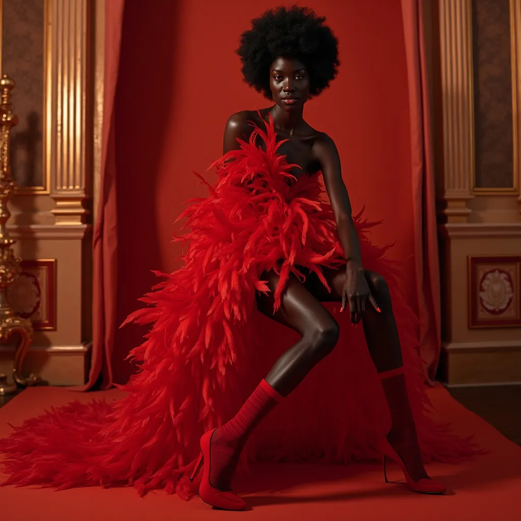 Prompt: (Alek Wek wearing Valentino Feathers mini dress), striking pose, (vivid colors), red socks, high platform heels with narrowed heels, upscale fashion atmosphere, (luxurious textures), elegant background with soft lighting, (high fashion) vibe, (ultra-detailed), (fashion photography style), sophisticated ambiance, showcasing the carefully designed mini dress falling gracefully, emphasizing the richness of the feathers against a chic setting, (4K quality).