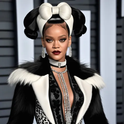 Prompt: A hyper realistic Rihanna as Cruella in a Balmain very detailed and accurated 64k quality HD 3D 