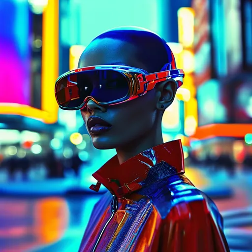 Prompt: (Prada cyber futuristic look), sleek and minimalistic design, vibrant colors with electric blue and neon accents, high-tech fabrics and materials, ultra-modern accessories, a bold cityscape background bustling with digital elements, cool tones and dynamic lighting, creating an innovative atmosphere, ultra-detailed, HD quality.