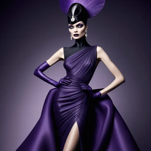 Prompt: Yzma (fashion icon) reimagined by Armani, (elegant couture), dramatic silhouette, high-fashion details, (luxurious fabrics), stylish accessories, modern color palette, sophisticated textures, (glamorous pose), captivating expression, sleek background, (vibrant lighting), atmospheric vibes of opulence, (ultra-detailed), breathtaking design elements, (runway inspiration), fashion universe concept.