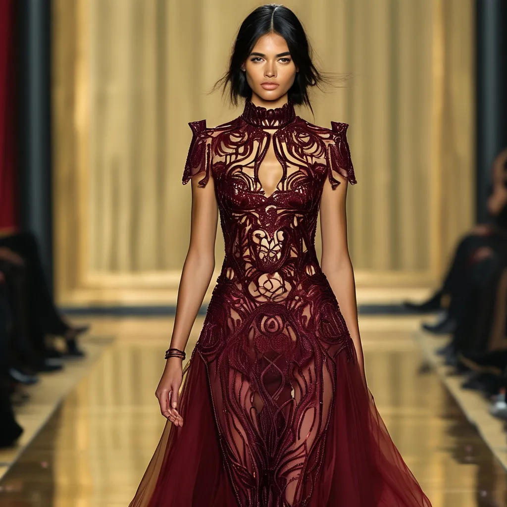 Prompt: (Alaïa dress), elegant gown, flowing design, intricate lace detailing, rich burgundy color, luxurious texture, high fashion style, soft dramatic lighting, chic runway setting, atmospheric and glamorous ambiance, ultra-detailed fashion illustration, capturing the essence of sophistication and femininity, emphasizing the captivating silhouette and exquisite craftsmanship, 4K resolution.