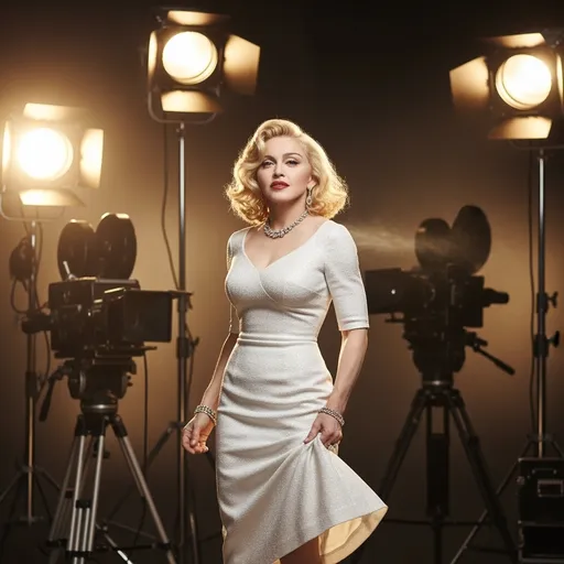 Prompt: Picture a stunning scene where Madonna gracefully embodies the iconic glamour of Marilyn Monroe. She stands under the soft glow of vintage Hollywood lights, her flowing, platinum blonde hair cascading over her shoulders in waves reminiscent of Monroe’s legendary style. Dressed in a shimmering, fitted white dress that clings elegantly to her curves, she exudes confidence and allure. The backdrop features a classic film set, with old-fashioned cameras and bright spotlights casting a warm, golden hue around her. A subtle breeze lifts the hem of her dress slightly, adding movement to the moment. The atmosphere is a nostalgic blend of glitz and sensuality, reminiscent of a bygone era of cinema, perfect for a cinematic lighting, photorealistic style.