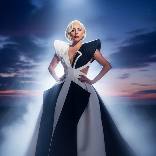 Prompt: Envision Lady Gaga standing confidently in a luxurious, avant-garde Schiaparelli gown, the fabric glimmering under soft, ethereal light that casts a dreamy glow around her. The gown, a masterpiece of bold design, features unconventional cuts and striking color contrasts that evoke an air of surreal artistry. She gazes directly at the viewer, eyes sparkling with a mix of mischief and allure, her expression a perfect balance of strength and vulnerability. Wispy tendrils of fog swirl around her, adding a mysterious ambiance, while an otherworldly twilight sky, swirling in shades of deep indigo and violet, forms the backdrop. The scene captures an atmosphere of high fashion meets fantasy, rendered in a cinematic lighting style that highlights both the elegance of the attire and the emotive power of Gaga's presence.