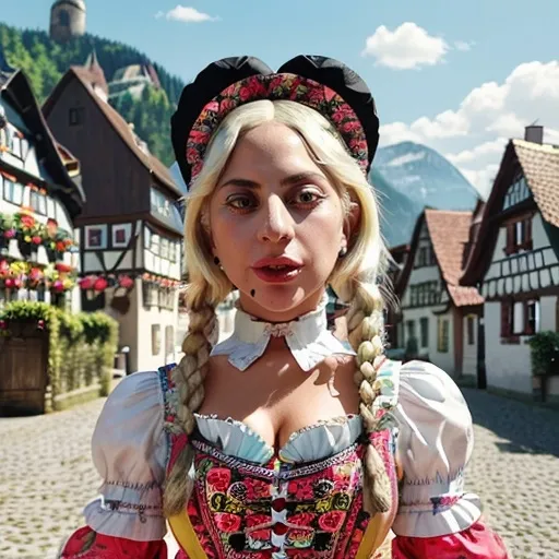 Prompt: (Lady Gaga as a German girl), (vibrant colors), stylish traditional German attire, cheerful expression, intricately detailed braids, whimsical background of a picturesque village, striking contrast between her bold persona and traditional fashion, capturing a sense of fun and creativity, (4K), ultra-detailed, playful ambiance, merging modern pop with folklore aesthetic.