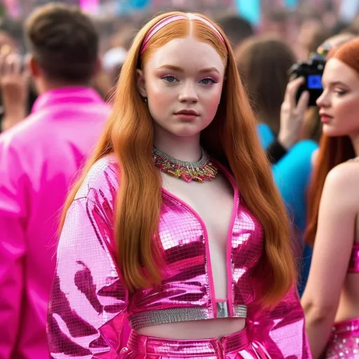 Prompt: Hyper realistic Sadie Sink as Nicki Minaj ready with a rave party festival total look in Berlin ready to party 