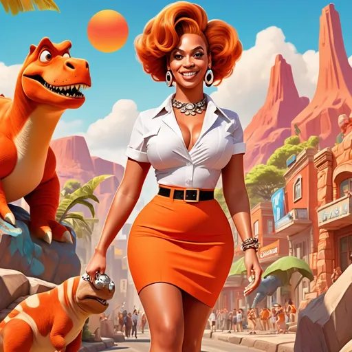 Prompt: (Beyoncé as Wilma Flintstone), vibrant cartoon style, playful expression, iconic red outift with white collar, bright orange hair, stone-age accessories, warm and cheerful ambiance, cartoonish background featuring Bedrock cityscape, iconic dinosaurs casually walking by, sunlit day, colorful scene, 4K, ultra-detailed illustration.