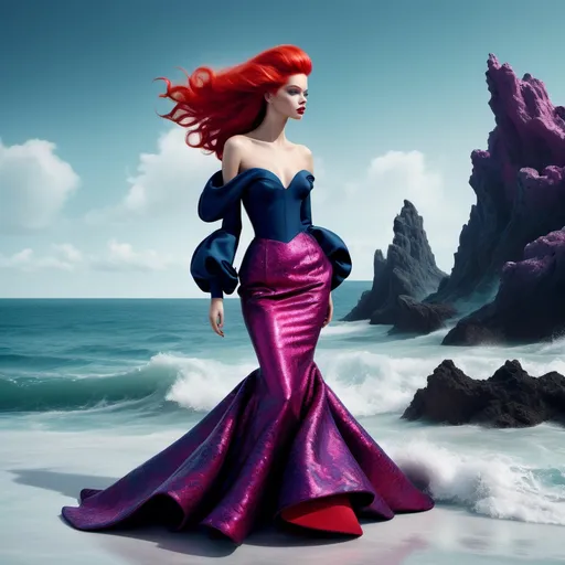 Prompt: (Ariel wearing Balenciaga), fashionably stunning, high-fashion vibe, modern color palette, (striking silhouette), elegant ensemble, luxurious textures, creative depiction, marine elements blended with haute couture, (ultra-detailed), vibrant colors, dramatic marine background, whimsical yet chic atmosphere, artful blend of fantasy and contemporary styles, (high quality, 4K).