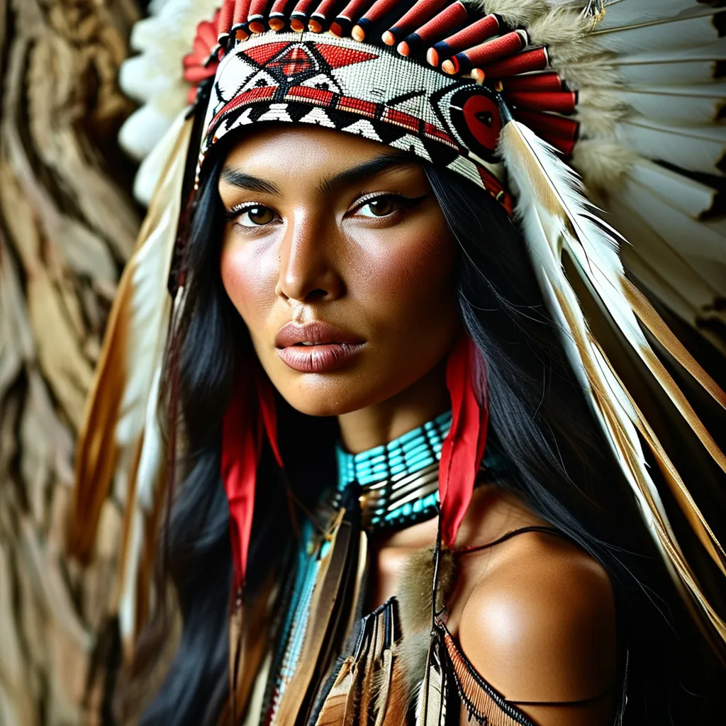 Prompt: (Native American top model), striking pose, captivating expression, high fashion attire, intricate beadwork and accessories, flowing hair, (dramatic lighting), rich colors of earth and sky, showcasing cultural elegance, (ultra-detailed), stylish background with Native American patterns, maintaining authenticity while portraying fierce confidence, emphasizing beauty and strength, (high-quality texture).