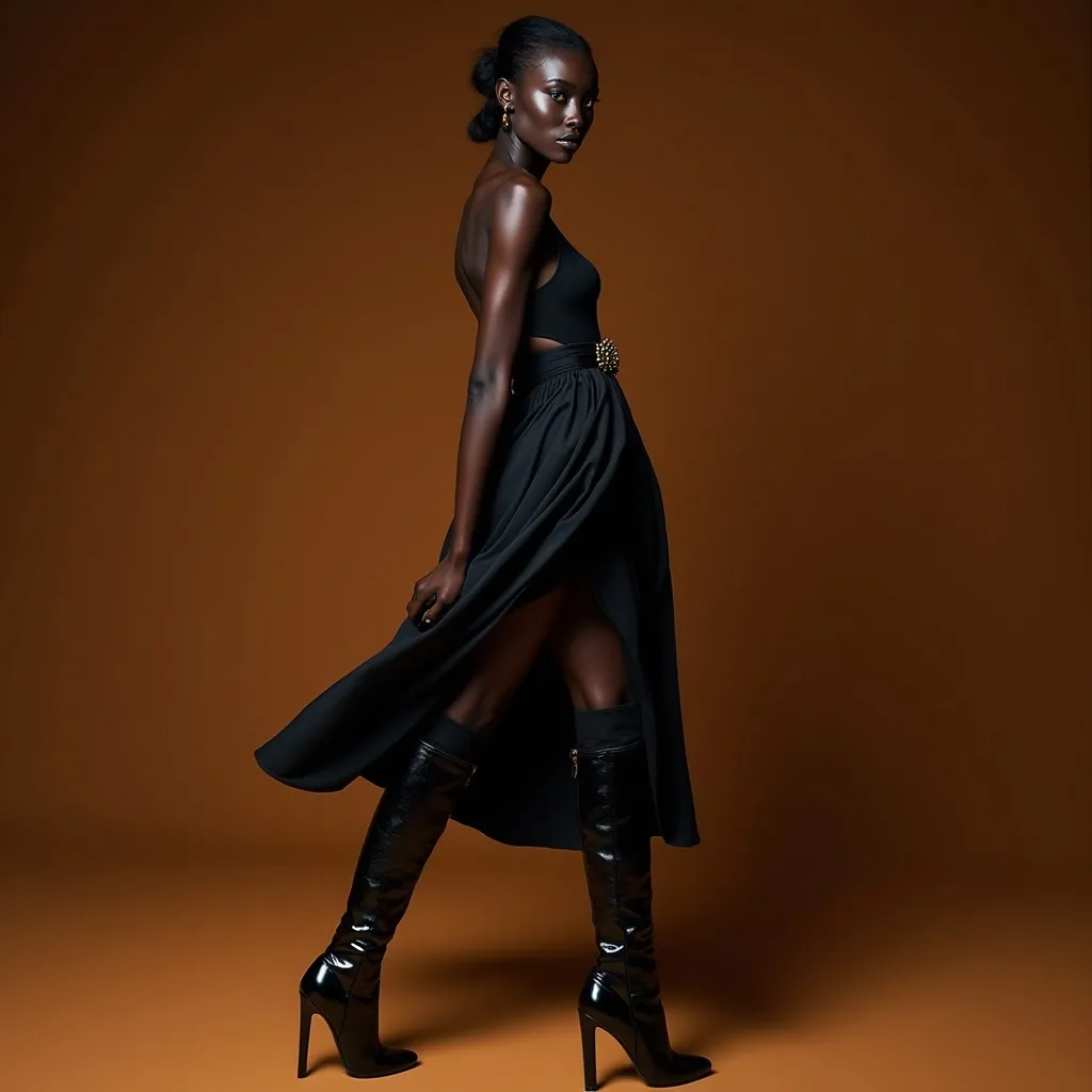 Prompt: (Alek Wek wearing Saint Laurent very high heels over-the-knee boots), striking pose, showcasing her unique style, elegant and confident demeanor, (high-fashion), (glamorous), dramatic lighting, (high contrast), richly detailed textures of the boots, sophisticated background setting, warm tones, 4K ultra-detailed image, conveying modern fashion aesthetics, capturing elegance and strength, wearing a long skirt as a dress with a belt in the middle 