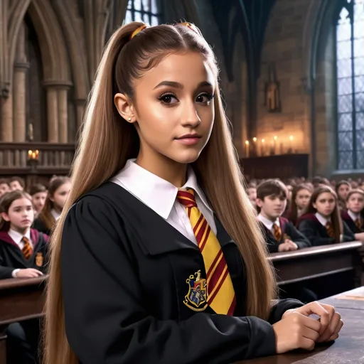 Prompt: Hyper realistic Ariana Grande as a very detailed ultra hd 64k 3d quality Hermione Granger at Hogwarts background 