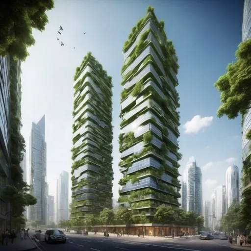 Prompt: Sustainable skyscraper, eco-friendly architecture, futuristic design, lush greenery, sustainable materials, solar panels, energy-efficient glass exterior, vibrant and eco-friendly, high quality, futuristic, sustainable, green architecture, eco-friendly, energy-efficient, vibrant, futuristic design, lush greenery