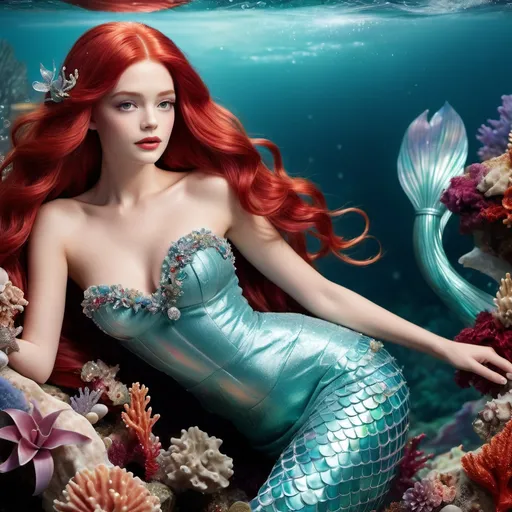 Prompt: Ariel in *(elegant Chanel attire)*, an enchanting mermaid, vibrant red hair cascading down, stunning ocean backdrop, soft glimmering waves, and iridescent sea flora. Chic and modern design elements, sophisticated ambiance, luxurious feel, (highly detailed) textures of fabric, vivid colors contrasting with the serene sea, *(HD, ultra-detailed)* craftsmanship.