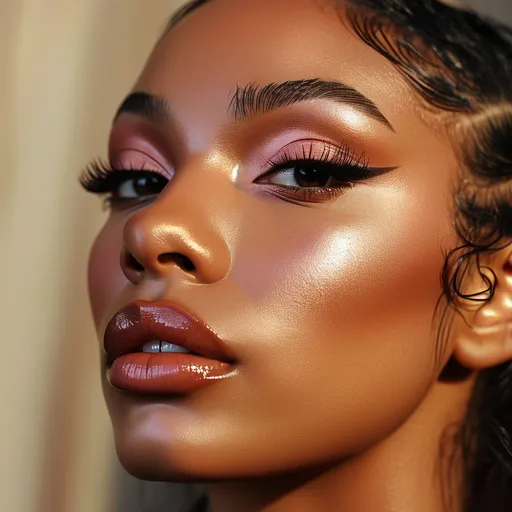 Prompt: full face makeup, (Fenty Beauty), perfectly blended foundation, radiant highlighter, bold lip color, mesmerizing eye makeup, silky smooth texture, vibrant color palette, modern beauty techniques, luxurious finish, confident pose, (highly detailed, 4K), ultra-glamorous ambiance, elegant styling, contemporary setting, soft natural lighting.