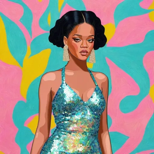 Prompt: Rihanna wearing Miu Miu transparent sequined Dress in a Wes Anderson scenario 