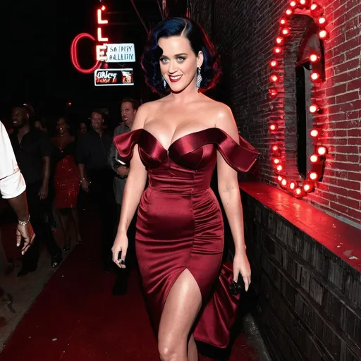 Prompt: Gorgeous Katy Perry with huge busom and ridiculously long wavy dark red stylish updo hair,  wearing a stylish peekaboo dress, and 8 inch stiletto high heel shoes, posing at the alley of a nightclub at night.