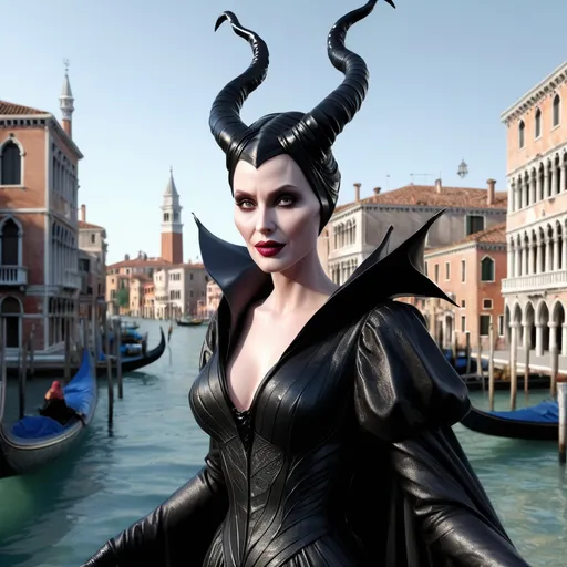 Prompt: Hyper realistic 64k 3d Maleficent in hyper realistic and very detailed 64 3d hd, in Venice, very detailed, Venice Background 