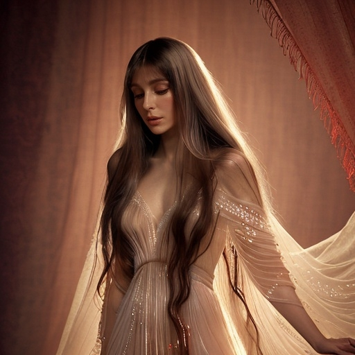 Prompt: Cher, long flowing hair with fringe, (elegant) long red transparent silk red dress, surrounded by a dreamy atmosphere, soft lighting, (ethereal) ambiance with shimmering highlights, gracefully posed, intricate details in fabric texture, serene expression, (ethereal) background with gentle pastels, enhancing the overall (whimsical) feel, high quality, ultra-detailed, captivating composition.