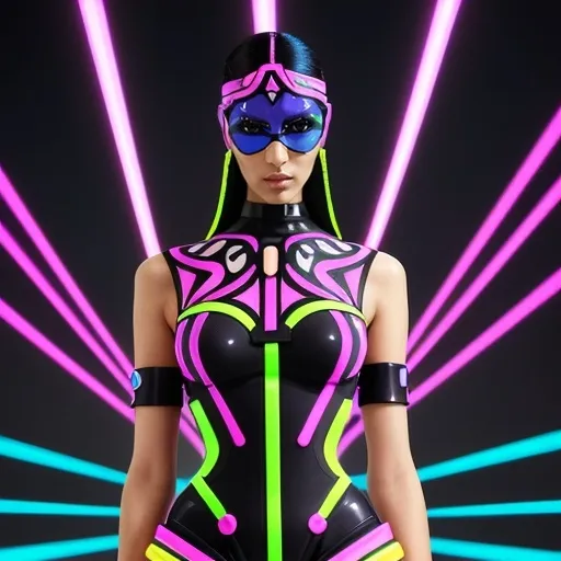 Prompt: (Pucci cyber outfit), vibrant colors, bold geometric patterns, futuristic style, dynamic shapes, high fashion, seamless design, (high-tech materials), expressive silhouette, (modern accessories), illuminated backdrop, neon accents, vibrant contrast, energetic ambiance, (4K quality), ultra-detailed textures, evoking a sense of avant-garde artistry.