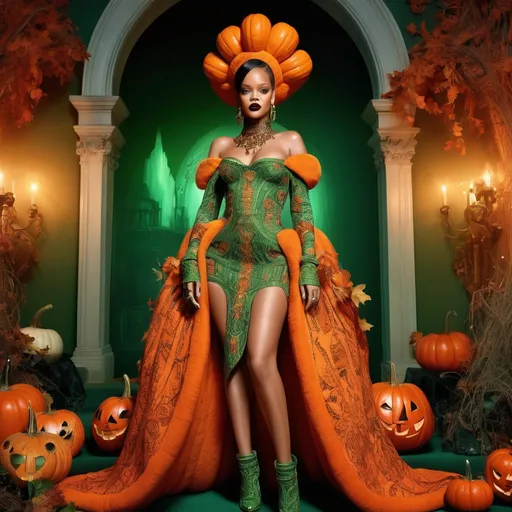 Prompt: Rihanna in (spectacular Balmain dress), pumpkin-inspired Halloween attire, vibrant orange and green hues, ornate detailing, intricate textures, inviting, festive atmosphere, high-fashion, autumn themes, adorned with (stylish accessories), dramatic pose, ethereal lighting, whimsical setting, enchanting background, cinematic quality, full of (spooky charm), ultra-detailed visuals.