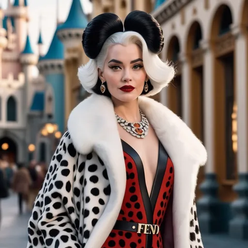 Prompt: Hyper realistic Cruella wearing a very detailed Fendi Outfit in a Disney Movie