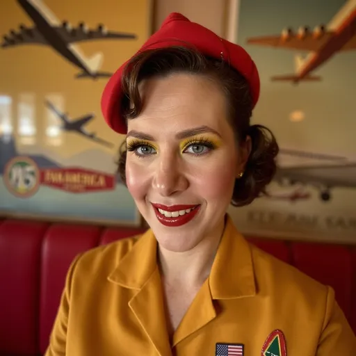 Prompt: Panamerica Hostess, (vibrant colors), elegant attire, vintage airline uniform, (charming smile), warm ambiance, rich historical background featuring classic airplanes, (retro travel posters), soft lighting reflecting nostalgia, detailed facial features, captivating eyes, reminiscent of the golden age of air travel, (4K), ultra-detailed, inviting atmosphere.