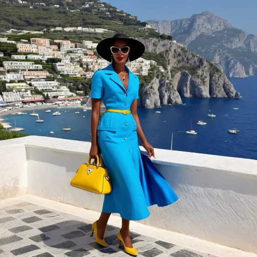 Prompt: Naomi Campbell as an accurate 50s Italian woman in Capri wearing Prada