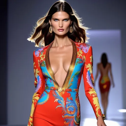 Prompt: (Bianca Balti), wearing (luxurious Versace), glamorous fashion, stunning pose, haute couture details, vibrant and striking colors, sophisticated elegance, artistic flair, emphasizing fashion elements, high-quality, ultra-detailed, dramatic lighting, chic background, showcasing runway vibes, confident expression, intricate designs, modern aesthetic, luxurious ambiance.