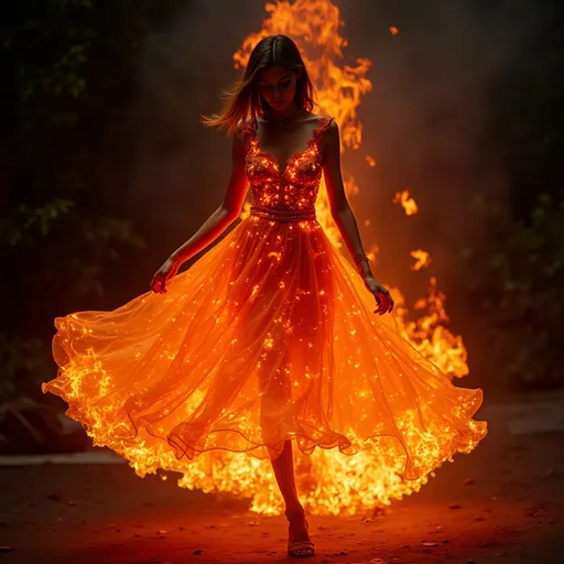 Prompt: Gucci Dress made of fire, vibrant fiery colors swirling and flickering, intense glow illuminating surroundings, an ethereal blend of reds, oranges, and yellows, dynamic movement suggesting the flames are alive, contrasting background of dark shadows, creating a dramatic and captivating atmosphere, HD, ultra-detailed, evoking feelings of passion and strength.