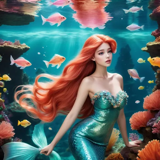 Prompt: (Ariel wearing Fendi), (underwater scene), vibrant colors, ethereal lighting, whimsical atmosphere, flowing hair, sparkling fish around her, luxurious Fendi attire, intricate details on clothing, mermaid tail glistening, coral reef backdrop, HD, ultra-detailed, enchanting style, playful and elegant vibe, fashion-forward underwater princess.