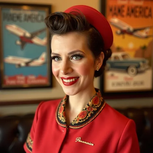 Prompt: Panamerica Hostess, (vibrant colors), elegant attire, vintage airline uniform, (charming smile), warm ambiance, rich historical background featuring classic airplanes, (retro travel posters), soft lighting reflecting nostalgia, detailed facial features, captivating eyes, reminiscent of the golden age of air travel, (4K), ultra-detailed, inviting atmosphere.