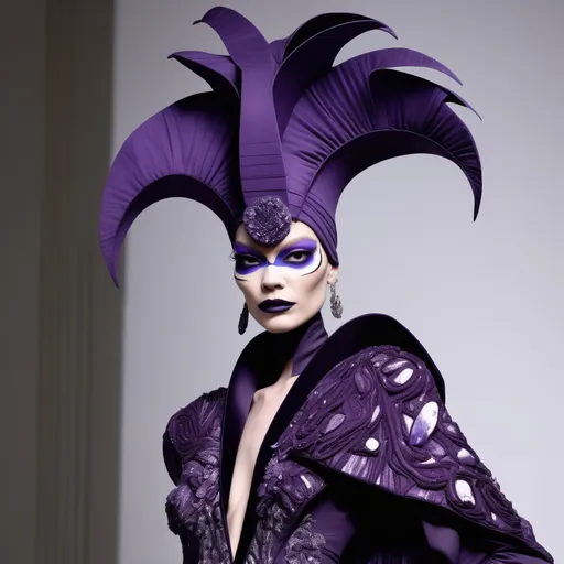 Prompt: (Yzma reimagined by Margiela), (fashion-forward), (high couture), avant-garde silhouette, dramatic textures, unique patterns, striking color palette, (luxurious details), (eccentric style), whimsical accessories, rich background depicting opulence, magical ambiance, (ultra-detailed), (vibrant).