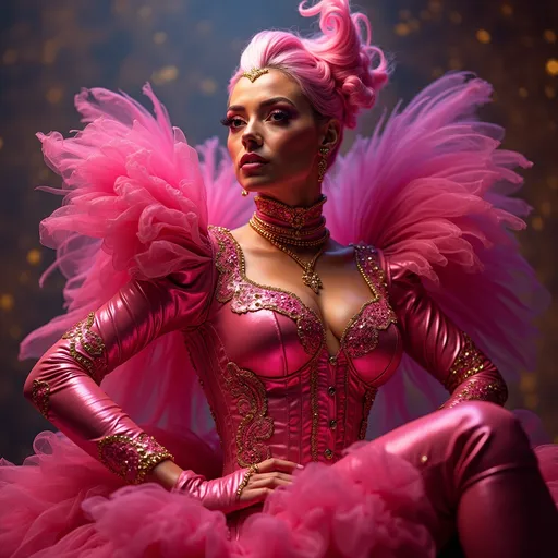 Prompt: (Galinda from Wicked in pink latex
Versace), (stylish glam), vibrant colors, intricate patterns, warm lighting, flowing fabrics, luxurious textures, bold accessories, expressive facial features, charismatic pose, magical atmosphere, richly detailed background, high quality, (ultra-detailed), fashion-forward elegance, modern runway vibe.