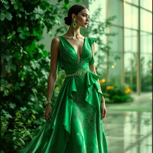 Prompt: high-fashion Balenciaga for Gucci dress for St. Patrick's Day, vibrant green hues, intricate patterns, luxurious fabric, eco-friendly material, stylish, contemporary design, elegant silhouette, festive ambiance, artistic display, refined details, striking accessories, dramatic lighting, ultra-detailed, high-resolution, perfect for a sophisticated fashion show or holiday celebration.