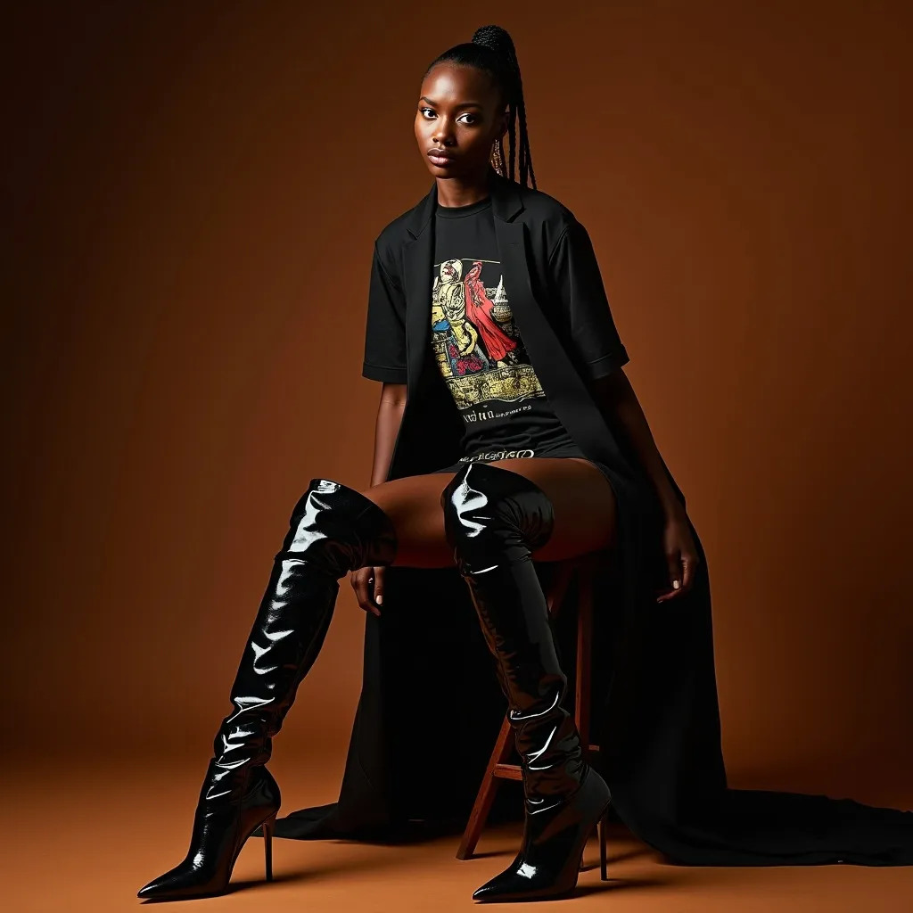 Prompt: (Alek Wek wearing Saint Laurent high heels over-the-knee boots), striking pose, showcasing her unique style, elegant and confident demeanor, (high-fashion), (glamorous), dramatic lighting, (high contrast), richly detailed textures of the boots, sophisticated background setting, warm tones, 4K ultra-detailed image, conveying modern fashion aesthetics, capturing elegance and strength, wearing a long vintage t-shirt with vintage prints as a mini dress 