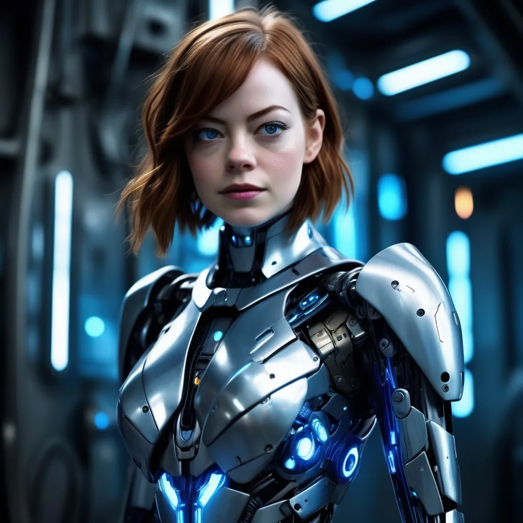 Prompt: (Emma Stone as a cyborg), futuristic cybernetic enhancements, sleek armor, glowing blue circuitry, expressive eyes, dynamic pose, high-tech background, sharp and dramatic lighting, cool tones, cinematic atmosphere, ultra-detailed, blend of organic and mechanical elements, captivating facial expression, stylish confidence, evokes a sense of empowerment, metallic textures, cyberpunk inspiration.