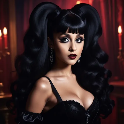 Prompt: (Ariana Grande as Elvira), vibrant gothic attire, long black wig styled with intricate curls, dramatic makeup with bold eyeliner and crimson lips, capturing a mischievous expression, capturing a mysterious ambiance, dimly lit background with swirling dark hues, textural richness, projected soft shadows, focus on high-quality details, HD resolution, blending iconic pop culture elements with classic horror style.