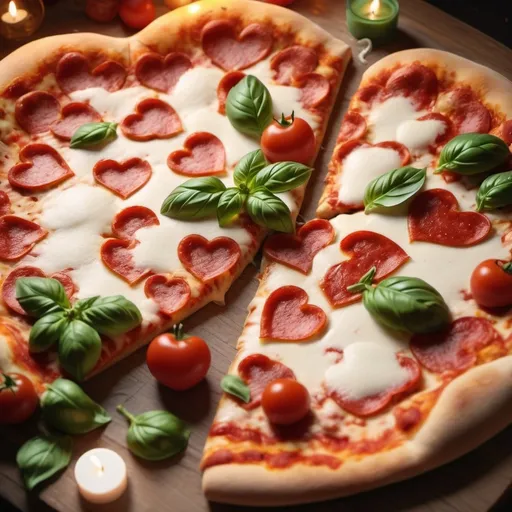 Prompt: (pizza love), warm and inviting atmosphere, deliciously appetizing slices, vibrant toppings including fresh basil and mozzarella, playful and whimsical elements, heart-shaped pizza crust, surrounded by romantic candlelight, high-quality 4K, ultra-detailed, cozy setting that evokes a sense of comfort and joy.