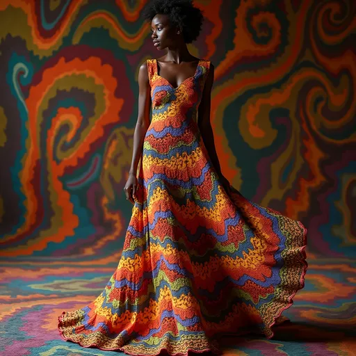 Prompt: (vibrant Missoni dress), swirling colorful patterns, elegant silhouette, flowing fabric, luxurious texture, fashion photography, bold stripes and zigzags, high contrast colors, sophisticated and chic, set against a stylish backdrop, warm ambient lighting, ultra-detailed, 4K quality.