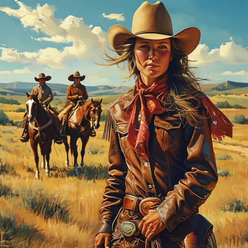 Prompt: (Cowgirls), vibrant Western landscape, horseback riders adorned in classic cowgirl attire, (cowboy hats) and leather boots, emphasizing the cowboy culture, rugged terrain under a striking blue sky, warm golden sunlight casting soft shadows, capturing a sense of adventure and freedom, ultra-detailed, cinematic composition, high quality.