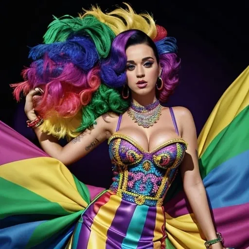 Prompt: Katy Perry in Moschino Pride Month dress, vibrant and colorful, high fashion photography, bold and confident pose, flowing fabric with intricate details, high quality, fashion photography, vibrant colors, pride month, detailed design, confident pose, professional lighting