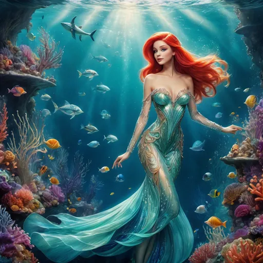 Prompt: Ariel in (exquisite Bob Mackie couture), underwater scene, (vibrant colors), (detailed, intricate patterns on the dress), shimmering ocean environment, playful marine life surrounding, ethereal light filtering through water, (highly detailed) and (ultra-detailed textures), enchanting and whimsical atmosphere, (fairytale vibe), dreamlike quality, beauty of ocean depth.