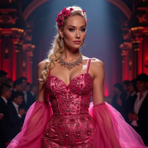 Prompt: (Galinda from Wicked in pink silk 
Versace), (stylish glam), vibrant colors, intricate patterns, warm lighting, flowing fabrics, luxurious textures, bold accessories, expressive facial features, charismatic pose, magical atmosphere, richly detailed background, high quality, (ultra-detailed), fashion-forward elegance, modern runway vibe.