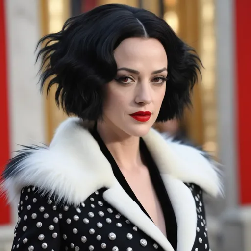 Prompt: A hyper realistic Asia Argento as Cruella in a Miu Miu very detailed and accurated 64k quality HD 3D outfit