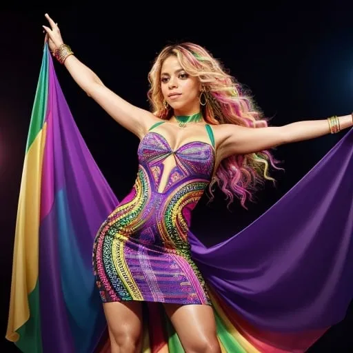 Prompt: Shakira wearing Pucci Pride Month dress, vibrant and colorful, high fashion photography, bold pose, flowing fabric with intricate details, high quality, fashion photography, vibrant colors, pride month, detailed design, confident pose, professional lighting