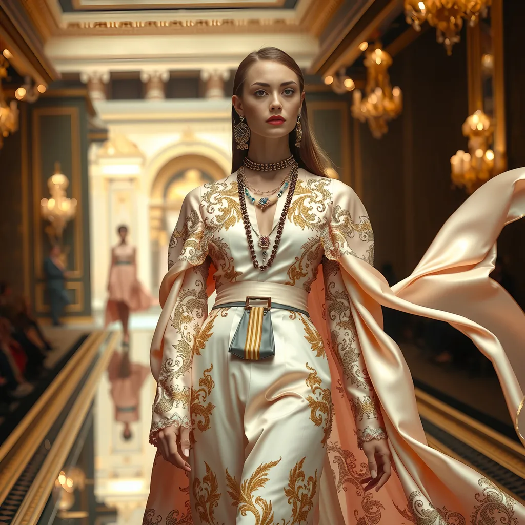 Prompt: (Versace look), luxurious fashion design, elaborate patterns, bold colors, stylish and glamourous clothing, high-end accessories, opulent ambiance, dynamic pose, dramatic lighting, silk fabric flow, artistic presentation, vintage glamour, ultra-detailed, 4K quality, high-fashion runway atmosphere, striking elegance, sophisticated vibes.