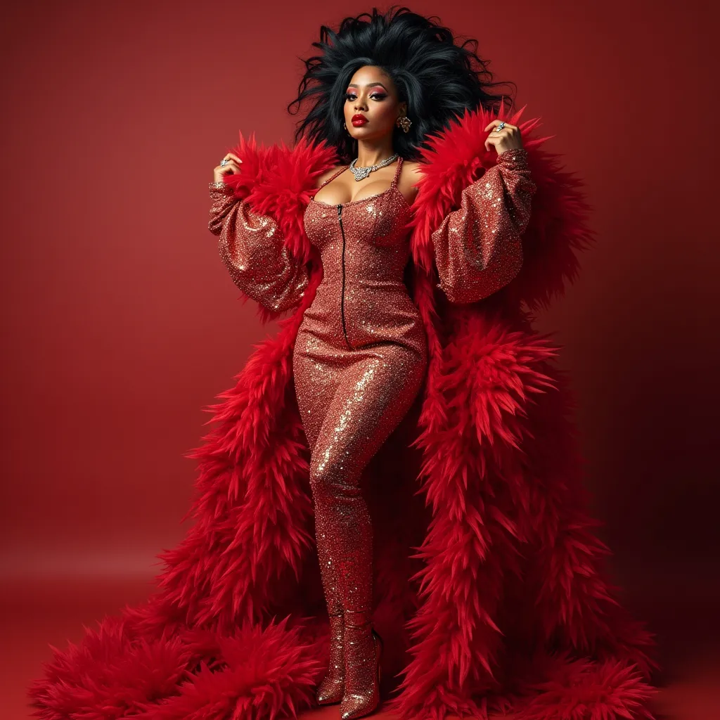 Prompt: Nicki Minaj wearing Balmain glam rock dress