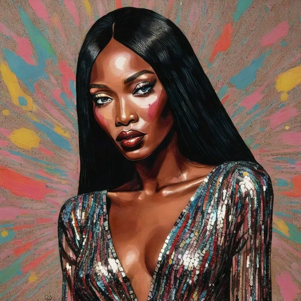 Prompt: Naomi Campbell wearing a sequined long night dress by Dolce&Gabbana